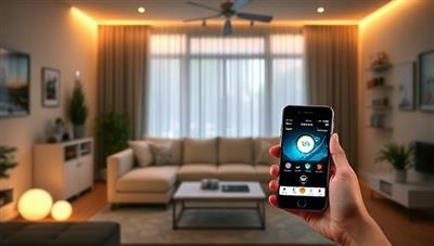 A modern living room setting with smart devices seamlessly integrated, such as smart lights, a thermostat, and security cameras, all controlled through a central app on a smartphone, illustrating the convenience and comfort of a smart home.
