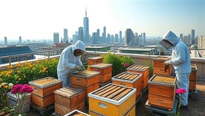 An urban rooftop apiary with beekeepers in protective gear tending to beehives, surrounded by blooming flowers and city skyline views, capturing the essence of urban beekeeping and sustainability in urban ecosystems.