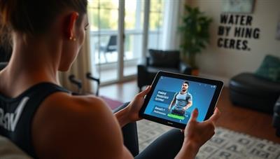 A person working out in their living room with a tablet displaying a virtual fitness trainer, surrounded by fitness equipment and motivational quotes, illustrating the convenience and effectiveness of HomeTech Fitness Consultancy's tech-based training programs.