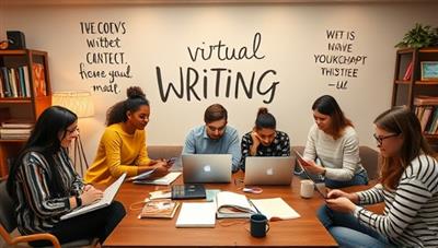 An image of a cozy virtual writing workshop setting, with a group of diverse individuals engrossed in their writing tasks on laptops or notebooks, surrounded by inspirational quotes and writing tools, evoking creativity and community.