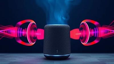 A smart speaker device emitting sound waves with colorful audio waves symbolizing the innovative and interactive nature of AudioSphere Ads' voice-activated audio ads platform.