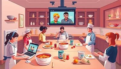 An illustration depicting a virtual cooking competition with multiple contestants cooking simultaneously in their kitchens, while judges provide feedback and commentary via video call, capturing the excitement and camaraderie of the event.