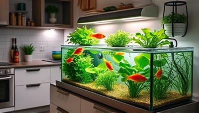 An aesthetically pleasing kitchen setup with a sleek aquaponics system showcasing lush greens and swimming fish, creating a harmonious and sustainable indoor farming environment.