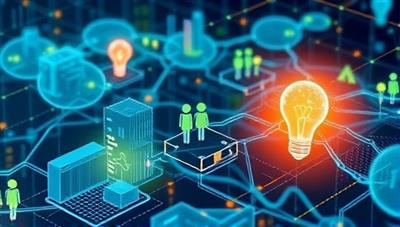 An illustration of a digital marketplace with energy producers and consumers interacting through a secure blockchain network, symbolizing the transparent and efficient energy trading system offered by PowerChain Exchange.