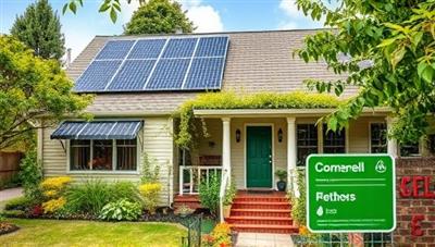 An eco-friendly property exterior adorned with green features such as solar panels, rainwater harvesting systems, and lush native landscaping, symbolizing sustainability and energy efficiency in real estate certification.