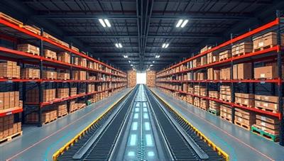 An immersive virtual reality simulation showing a warehouse layout being optimized in real-time, with customizable shelves, conveyor belts, and inventory stacks, illustrating the future of warehouse design technology.