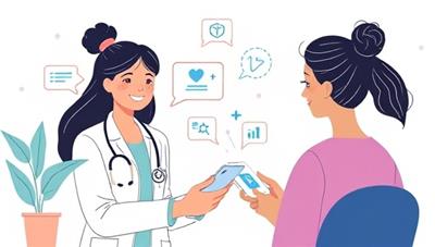 An engaging digital illustration depicting a virtual health coach interacting with a user through a smartphone, providing personalized health tips and motivational guidance, symbolizing support and empowerment in achieving wellness goals with WellNavi.
