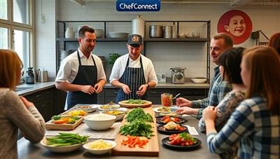 An interactive virtual cooking class setting on ChefConnect, showcasing a chef demonstrating a cooking technique with participants following along, ingredient kits neatly arranged, and a lively cooking atmosphere that captures the essence of culinary exploration and learning.