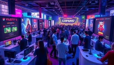 An immersive virtual gaming event scene where participants explore interactive virtual booths, engage in multiplayer tournaments, and attend live streams and panels, creating a vibrant and dynamic online gaming festival atmosphere, showcasing the future of virtual gaming experiences.