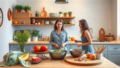 An inviting virtual kitchen setting with fresh ingredients, cooking utensils, and a nutrition coach demonstrating healthy meal preparation techniques, creating a warm and educational environment for clients to learn about nutrition and wellness practices.