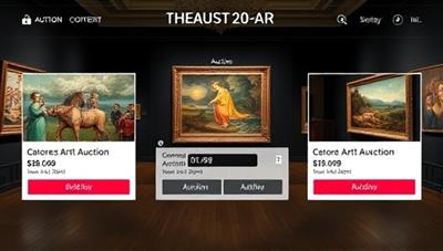 An elegant and sophisticated online art auction setup with high-quality images of art pieces, auction timers, and bidding buttons, creating a virtual gallery experience for users to explore and discover new artworks.