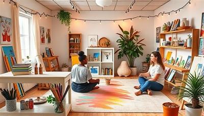 An inviting virtual art studio filled with colorful art supplies, serene decor, and cozy seating areas, with individuals engaging in therapeutic art exercises, mindfulness practices, and self-care activities to promote emotional healing, relaxation, and creative exploration in a nurturing and safe environment.