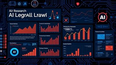 An illustration of a futuristic AI interface displaying legal research results and insights, with graphs, charts, and predictive analytics, showcasing the advanced capabilities and data-driven approach of AI Legal Insight.