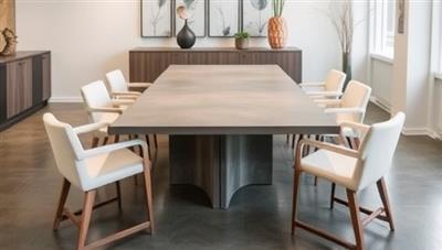 An artistic display of a sleek concrete dining table surrounded by minimalist chairs in a stylishly designed room, showcasing the elegance and uniqueness of custom concrete furniture pieces.