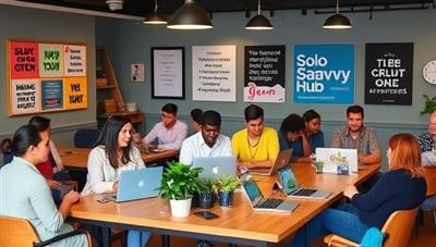 A vibrant co-working space setting with freelancers networking, collaborating on laptops, and attending financial workshops, surrounded by motivational posters and SoloSavvy Hub branding, creating a bustling and supportive environment for independent workers seeking financial empowerment.