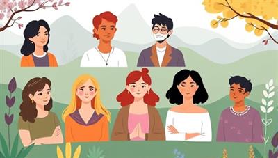 An empathetic online community interface featuring diverse avatars engaging in supportive conversations, sharing resources, and participating in mindfulness practices, with serene nature backgrounds and calming visuals, creating a nurturing and compassionate virtual mental health space.