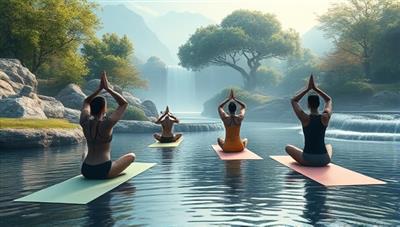 A serene digital landscape featuring a virtual yoga session with participants practicing poses in a tranquil setting, surrounded by nature elements like trees and flowing water, promoting relaxation and mindfulness.