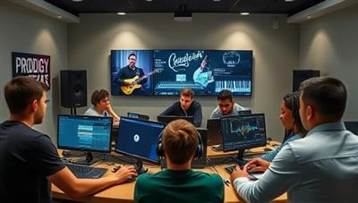 An online classroom setting with a diverse group of students participating in a virtual music production workshop, interacting with instructors and creating music tracks using digital audio workstations, conveying a collaborative and creative learning environment at Prodigy Beats Academy.