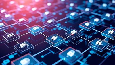 A futuristic visualization of interconnected blocks representing secure audit trails, highlighted by digital locks and data timestamps, symbolizing transparency and integrity in financial auditing.