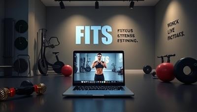 A sleek and modern virtual fitness studio setup with a laptop streaming a live workout session, fitness equipment in the background, and motivational quotes on the wall, creating an immersive and energizing atmosphere.