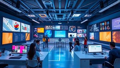 An immersive depiction of a virtual design lab filled with interactive screens, 3D tools, and collaborative workspaces where participants engage in creative challenges and design projects, capturing the dynamic and engaging environment of Design Fusion Labs.