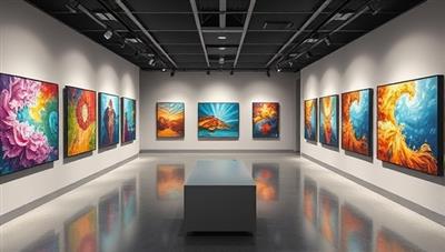 An immersive virtual art gallery environment with vibrant digital artworks displayed on virtual walls, accompanied by interactive elements like zoom-in features and artist background information, creating a captivating art discovery experience.