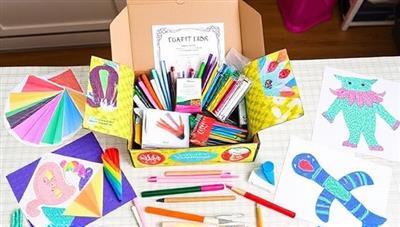 A vibrant and colorful craft kit box filled with art supplies, tools, and instructions, surrounded by finished craft projects displayed on a crafting table, showcasing the creative and hands-on nature of the subscription service.