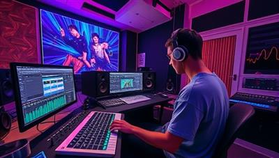 An immersive virtual music studio setting with a student manipulating music tracks on a digital workstation, surrounded by professional music production equipment and visualizers, capturing the creative and dynamic atmosphere of BeatLab Academy's interactive learning experience.