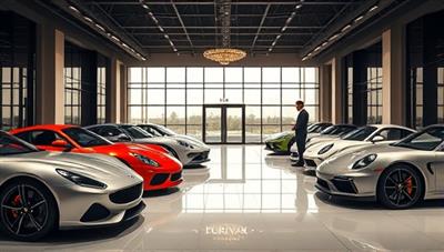 An elegant visual representation of a luxury car rental service, featuring a collection of exotic vehicles lined up in a prestigious showroom, with a concierge assisting a client in selecting their dream car for a special occasion, highlighting the bespoke and premium experience offered by the platform.