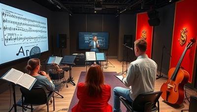 An immersive virtual music studio setup with an instructor guiding a student through a musical piece on a digital interface, surrounded by musical notes, instruments, and a virtual audience, capturing the essence of interactive and engaging online music education.