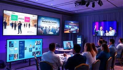 A dynamic virtual event setup with multiple screens displaying interactive activities, virtual booths, and live performances, with participants engaging in a virtual team building exercise, capturing the essence of EventVirtuoso's innovative virtual event planning services.