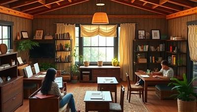 A vibrant and welcoming virtual writing retreat space on the WriteAway Haven platform, featuring multiple writers engaged in creative writing exercises, virtual group discussions, and personalized writing feedback sessions, fostering a sense of community and inspiration for writers.