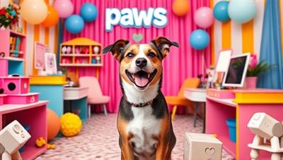 A beautifully decorated pet photo booth with colorful props and backdrops, capturing a joyful dog striking a pose with a big smile, surrounded by playful elements and a friendly photographer, showcasing the inviting and creative atmosphere of Paws & Pixels Studio.