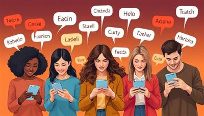 An artistic representation of a diverse group of individuals using the LingoGenius app on their smartphones, each immersed in a different language lesson, surrounded by floating speech bubbles with words from various languages, symbolizing the app's multicultural and interactive learning environment.