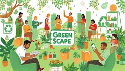 An illustrated representation of the GreenScape Hub online community, showcasing members engaging in sustainable living activities, recycling practices, and eco-friendly challenges, surrounded by lush greenery and eco-conscious products, symbolizing the collective efforts and commitment to environmental conservation within the platform, highlighting the eco-friendly and community-driven ethos of GreenScape Hub.