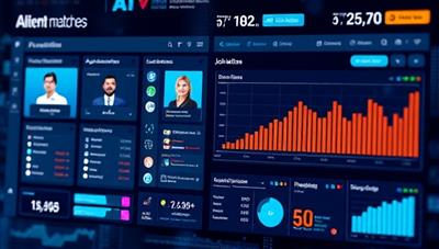 An image of a futuristic AI interface displaying candidate profiles and job matches in real-time, with colorful data visualizations and user-friendly navigation, symbolizing efficiency and advanced technology in talent sourcing.