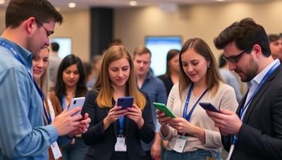 An image of a diverse group of people at an event using rented telecommunications equipment such as tablets, smartphones, and conference call devices, highlighting the convenience and versatility of the rental service.