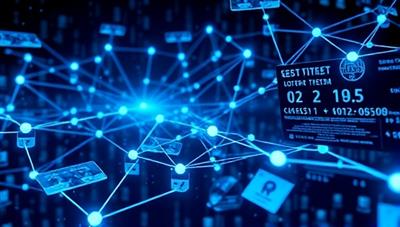 An artistic depiction of a blockchain network with digital lottery tickets and transparent transaction records, showcasing the security and decentralized nature of the blockchain-based online lottery platform in a visually engaging and futuristic manner.