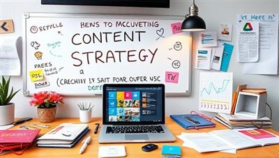 A vibrant and colorful digital workspace with a whiteboard filled with content strategy ideas, a laptop open to a social media platform, and various marketing materials scattered around, conveying creativity and innovation.