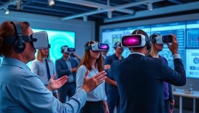 An engaging VR training scenario with participants wearing headsets, interacting with virtual environments, and learning through hands-on simulations, creating a futuristic and interactive approach to professional development.