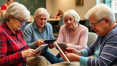 An image of seniors engaged in a tech workshop, learning how to use tablets and smartphones with the help of instructors, showcasing a supportive and inclusive learning environment for older adults.
