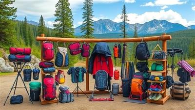 An outdoor scene featuring a diverse selection of adventure gear and equipment displayed in a picturesque natural setting, highlighting the variety and quality of gear available for rental.