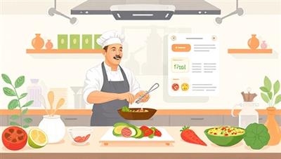 An engaging virtual cooking class illustration showcasing a chef demonstrating a cooking technique on a livestream, with ingredients, cooking utensils, and a digital recipe display visible, creating a dynamic and interactive cooking experience for participants, surrounded by culinary visuals and kitchen ambiance.