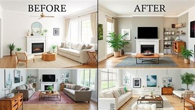A visually appealing room transformation collage showing before and after images of a living space, highlighting the impact of virtual design consultations on home aesthetics and functionality.