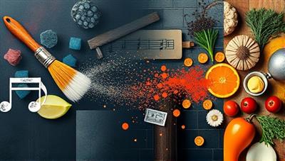 An artistic collage showcasing various skills being exchanged virtually, including a paintbrush, musical notes, lines of code, and culinary ingredients merging together, symbolizing the fusion of knowledge and creativity.