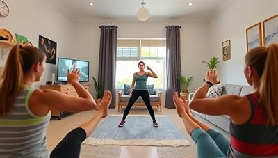 An energetic virtual training session led by a fitness coach, with participants following along from their homes, showcasing a dynamic and engaging workout experience accessible from anywhere.