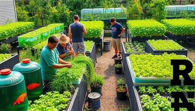 A vibrant community garden filled with lush green plants and colorful fish tanks, with diverse members of the co-op tending to the aquaponics system together, fostering a sense of shared responsibility and sustainable living.