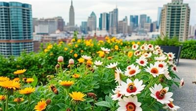 A rooftop garden buzzing with activity as bees pollinate flowers, framed by a backdrop of city skyscrapers, showcasing the harmonious coexistence of urban beekeeping and nature conservation.