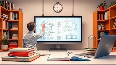 A virtual tutoring session scene with a tutor explaining complex concepts on a digital whiteboard, surrounded by educational books, study materials, and a laptop, illustrating focused learning and expert guidance in specialized subjects.