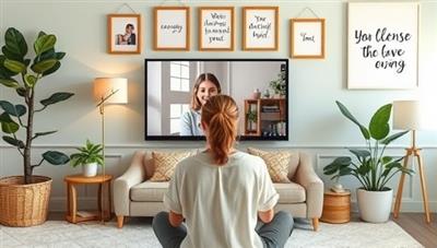 A virtual therapy session scene with a licensed therapist providing emotional support and guidance to a client through a video call, surrounded by calming decor elements, wellness tools, and positive affirmations, creating a safe and nurturing environment for mental health healing and growth.